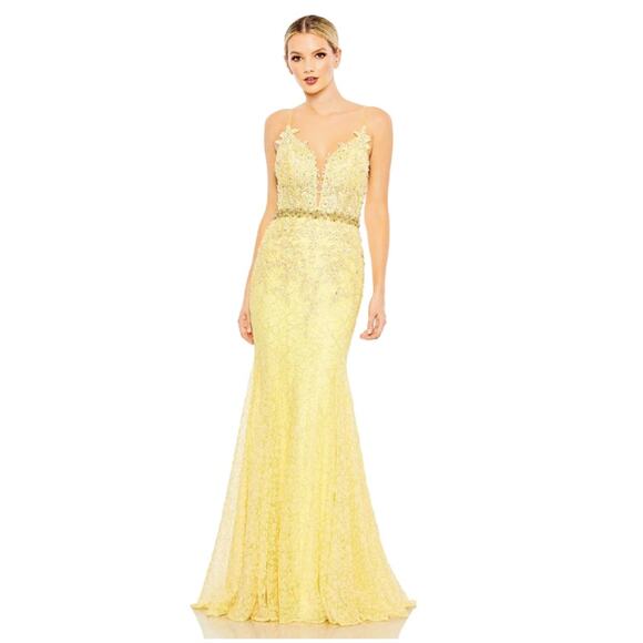 Mac Duggal 8 lemon applique sleeveless plunge neck trumpet gown lace prom formal - Picture 1 of 9